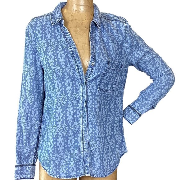 Anthropologie Holding Horses Ikat Blue Chambray Shirt Sz 8(XS) #304C - Picture 3 of 10